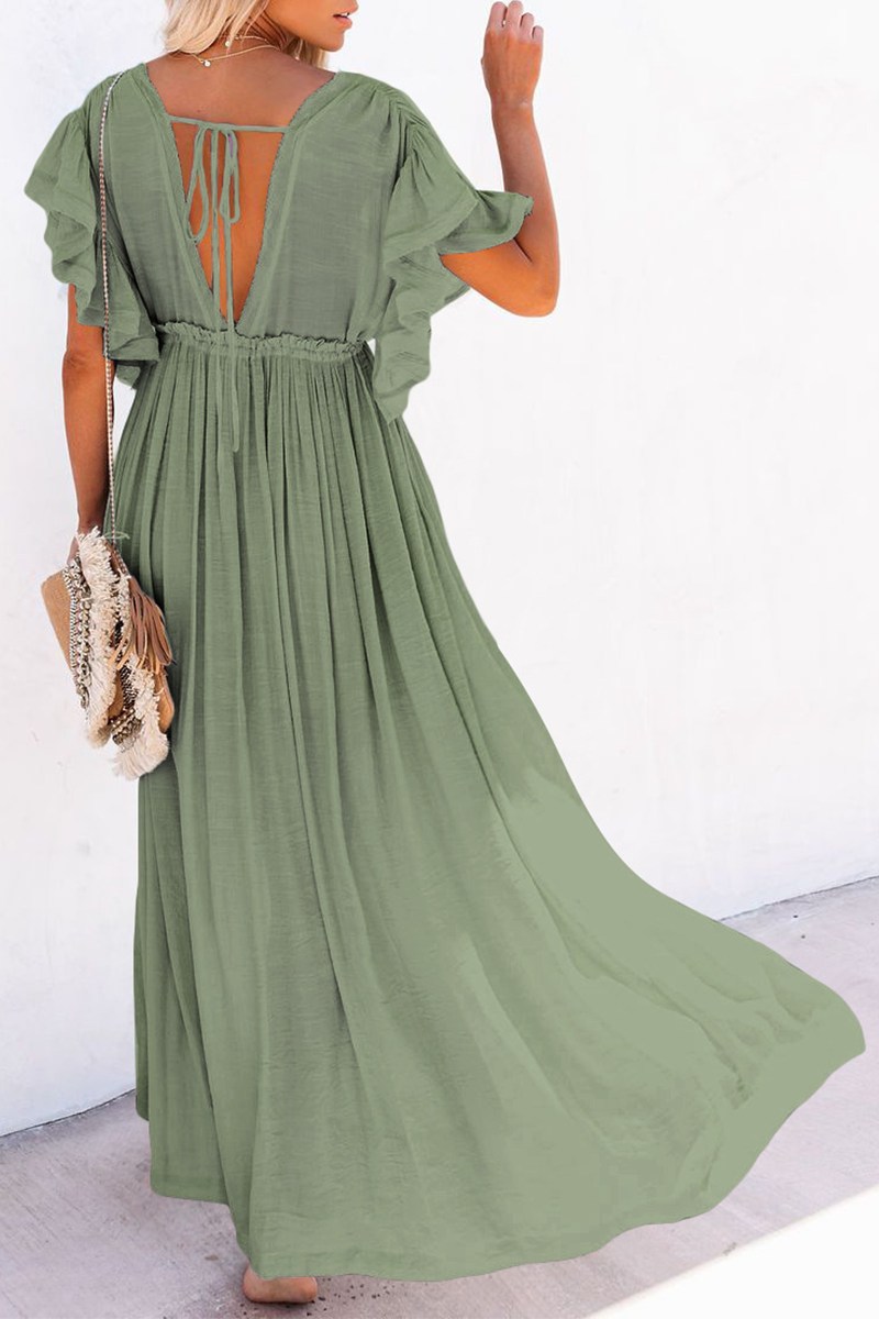 Elegant Solid Frenulum Buckle V Neck A Line Dresses(7 Colors) – flornana