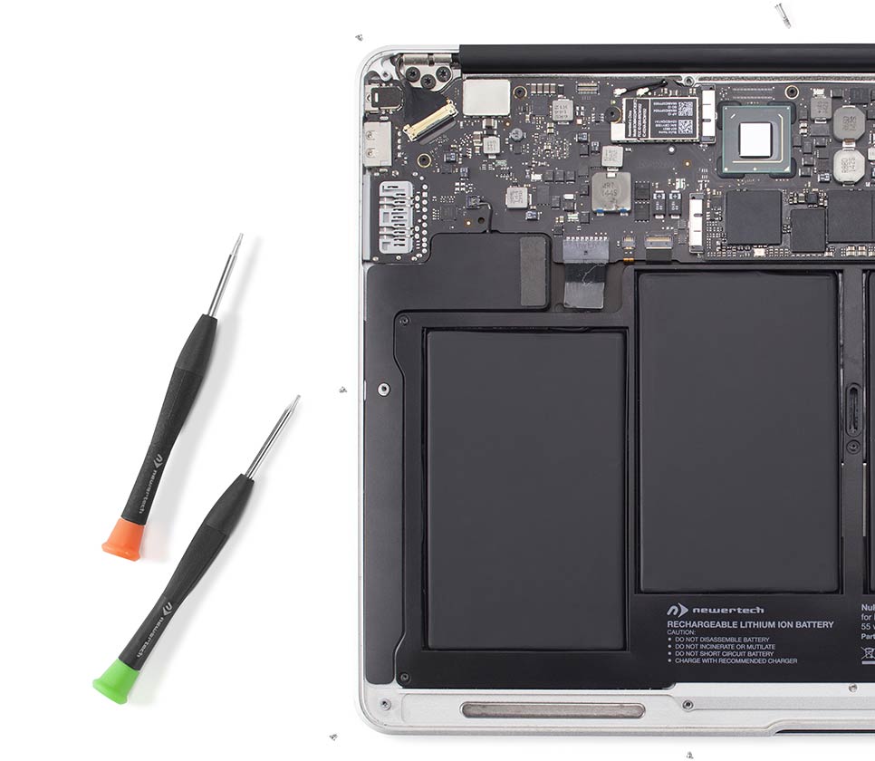 13-inch MacBook Air with NewerTech battery installed.