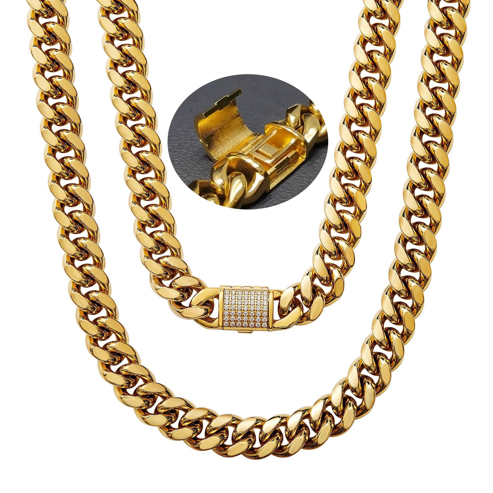 Open Lock Diamond Stone Stainless Steel Men Gold Silver Cuban Chain Bling Bling Necklance Bracelet