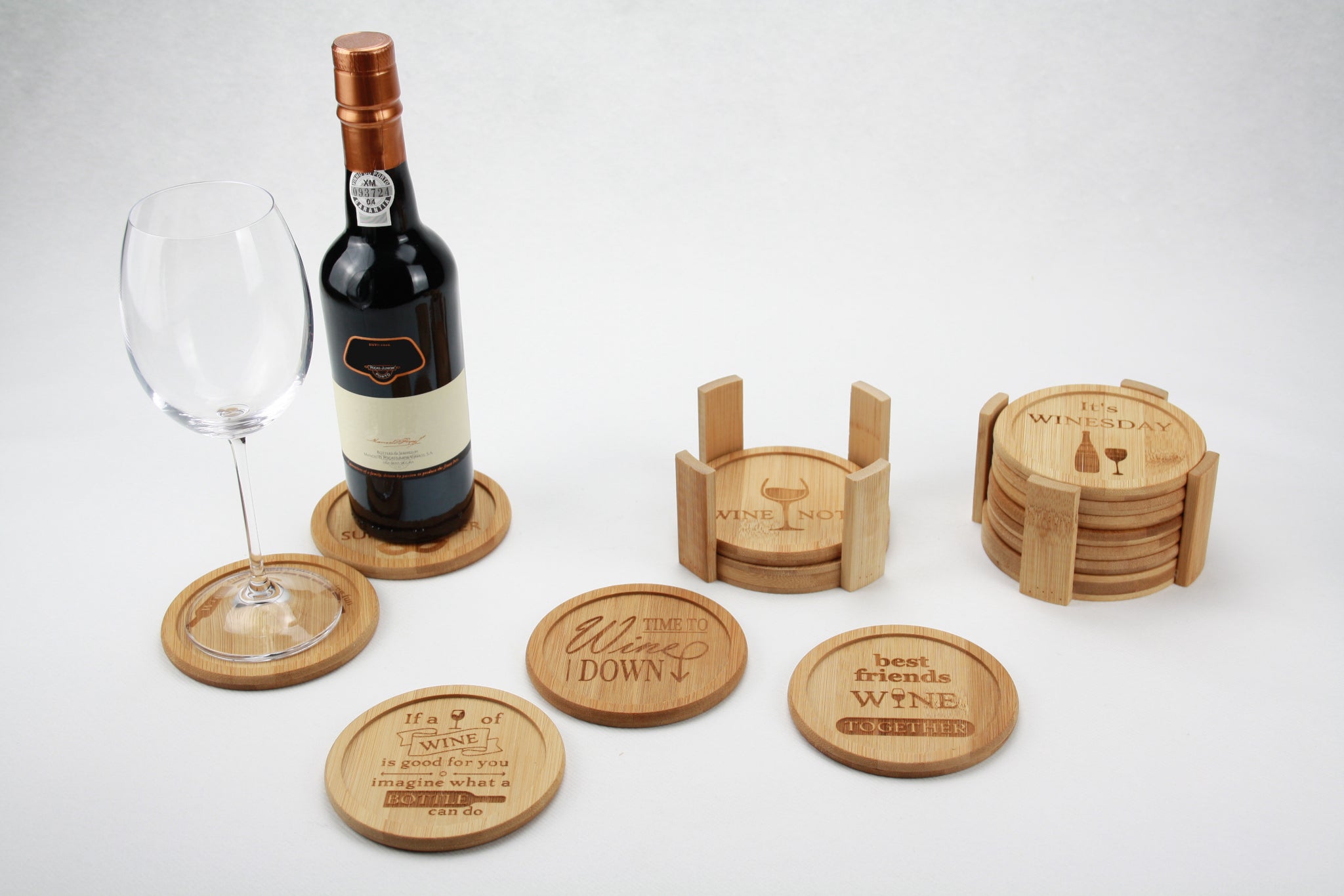 Mainstream Leven van impliciet 6 onderleggers met wijn spreuken en gezegden in bamboe | Standaard design |  Woody Woodcutter