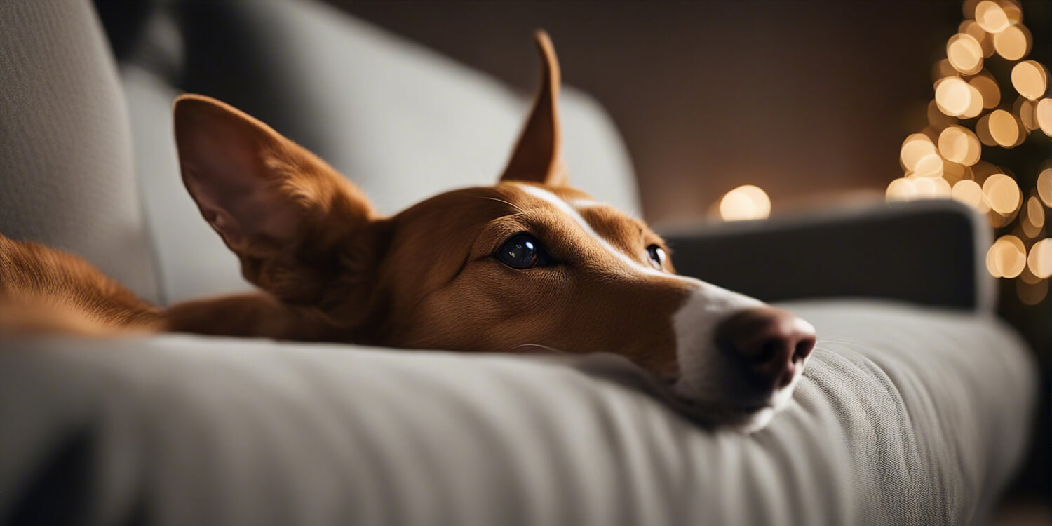 Windhund Podenco entspannt auf der Couch zu Silvester Feuerwerk