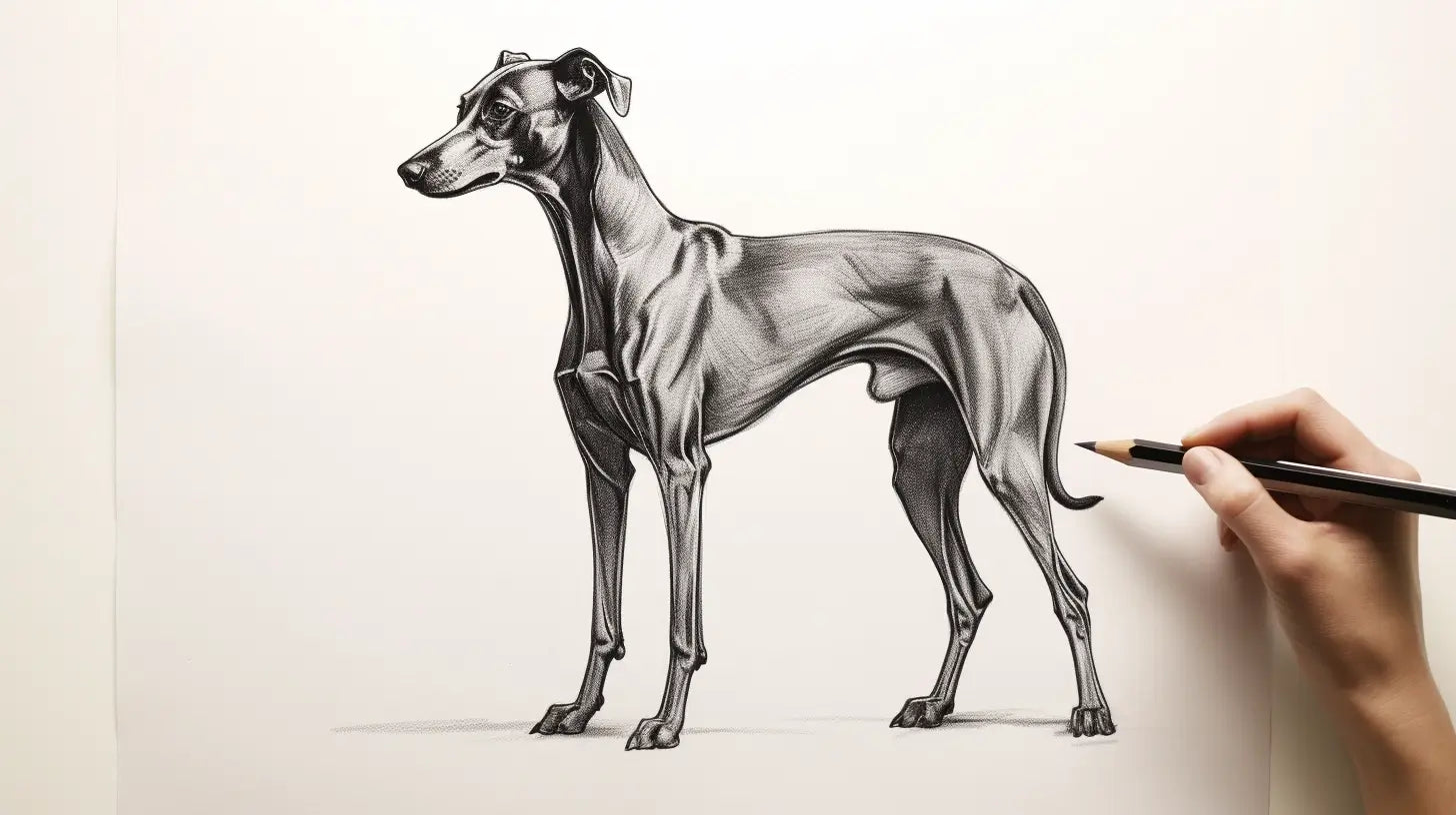 Zeichnung von einem Windhund seitlich mit markanten Körperbau