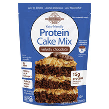 Load image into Gallery viewer, front view of Keto-friendly Protein Cake Mix package in Velvety Chocolate flavor. package is blue with a slice of german chocolate cake
