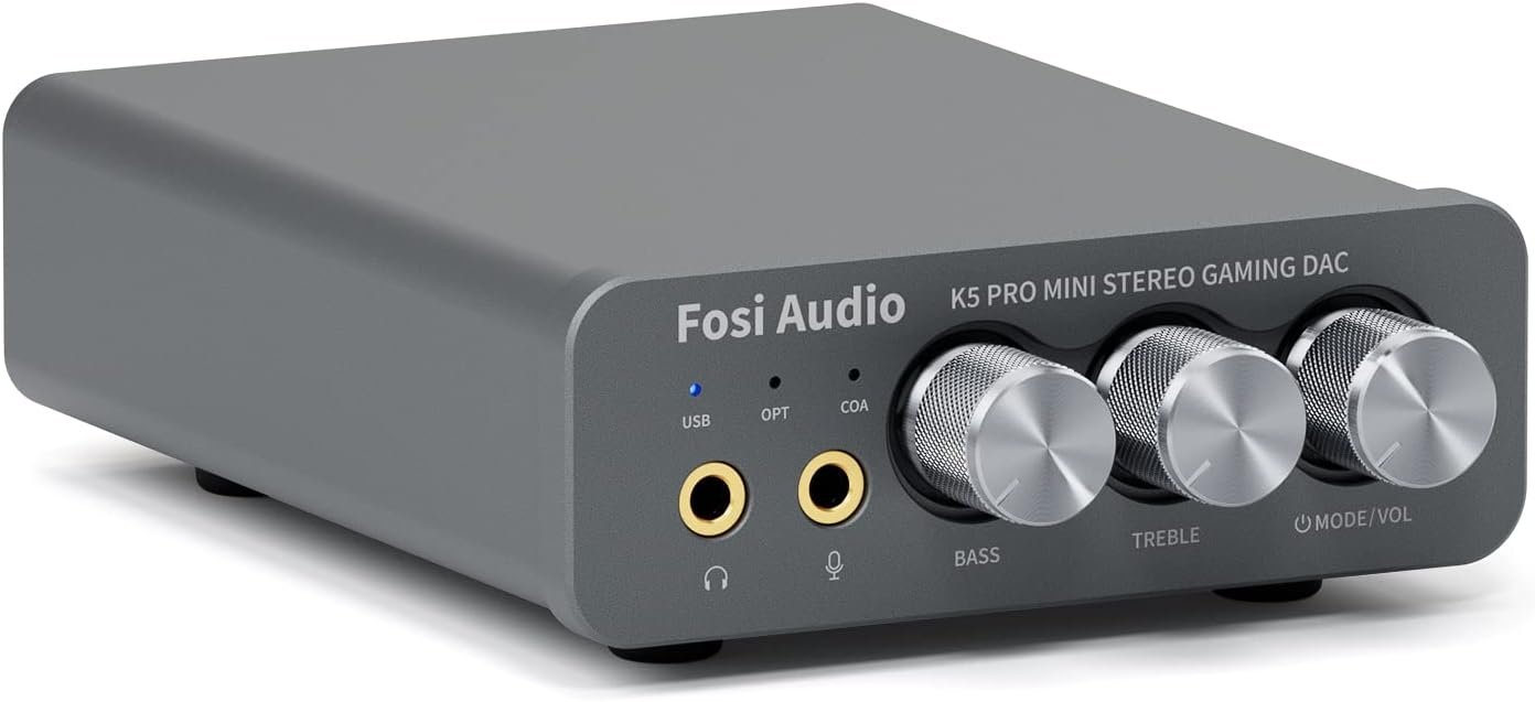 Fosi Audio K5PRO Gaming mini DAC vahvistin PS5/PC/MAC, USB-C/optinen/koaksiaalinen 3,5 mm/RCA:lle