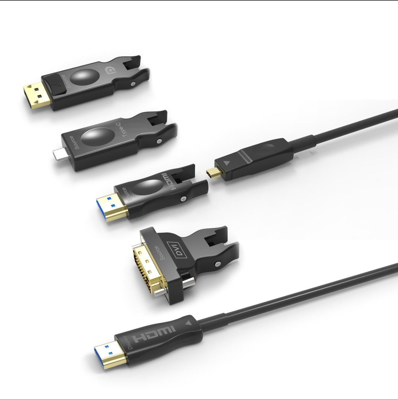 NÖRDIC 10m HDMI 2.0 AOC aktiivikuitukaapeli, 5 in 1 irrotettavilla adaptereilla HDMI, DVI, USB-C, DP ja HDMI-D