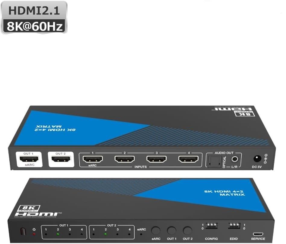 NÖRDIC 8K HDMI 2.1 eARC/ARC-matriisikytkin 4x2, jossa irroittimella Toslink & Stereo, HDMI CEC, Dolby Atmos/Digital Plus, DTS Master