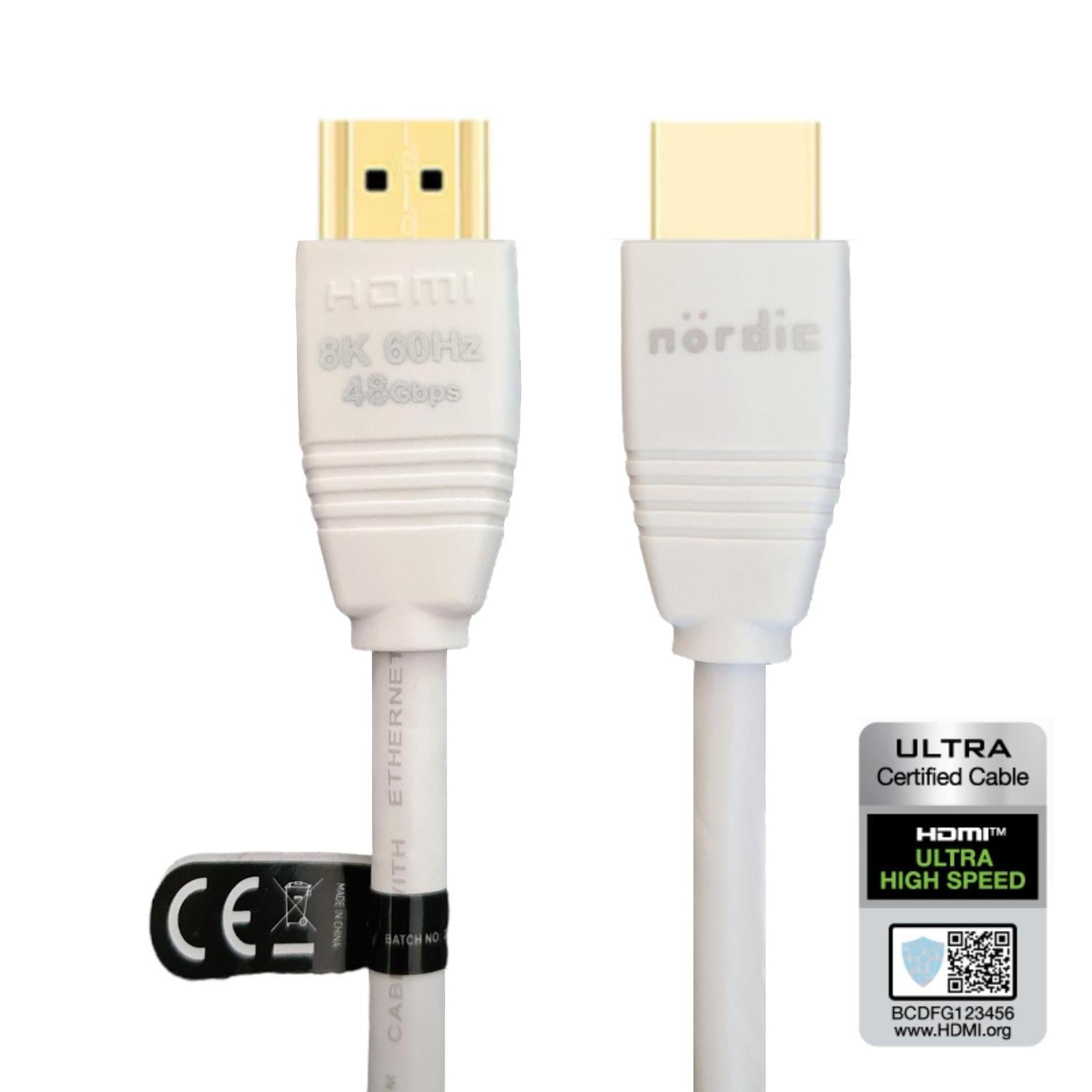 NÖRDIC CERTIFIED CABLES 1.5m Ultra High Speed HDMI2.1 8K60Hz 4K 120Hz 144Hz 48Gbps Dynamic HDR eARC Game Mode VRR Dolby ATMOS kullattu PVC valkoinen