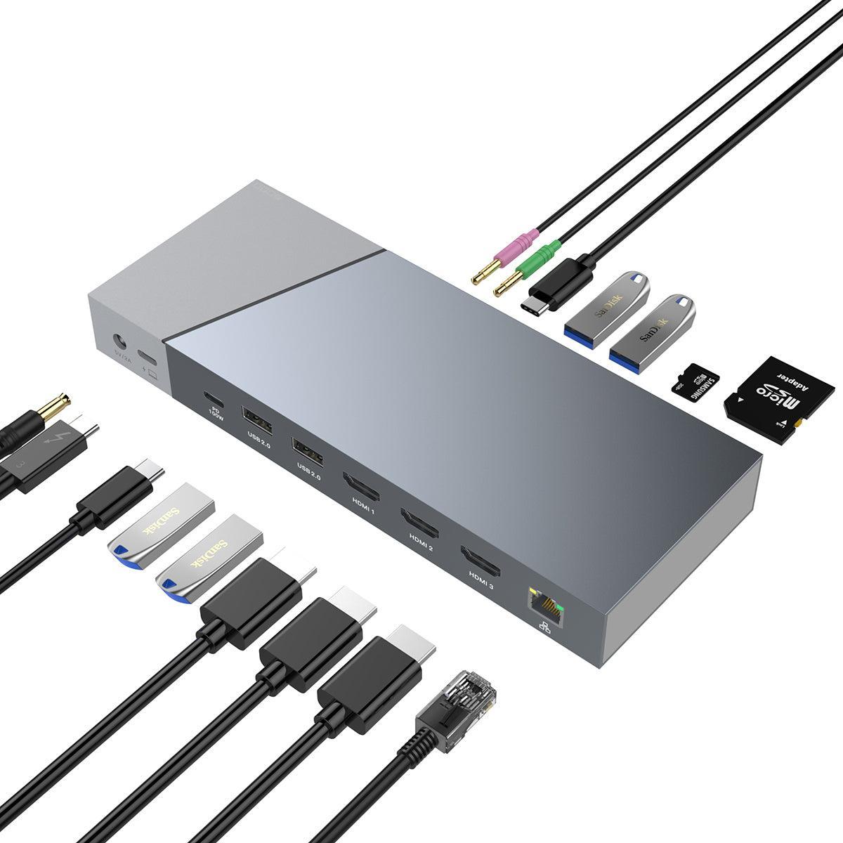 NÖRDIC DisplayLink USB-A- ja USB-C-telakointiasemat 1–15 kolmelle näytölle 3xHDMI 4K30Hz Mac M1 M2 Thunderbolt 3 & 4:lle