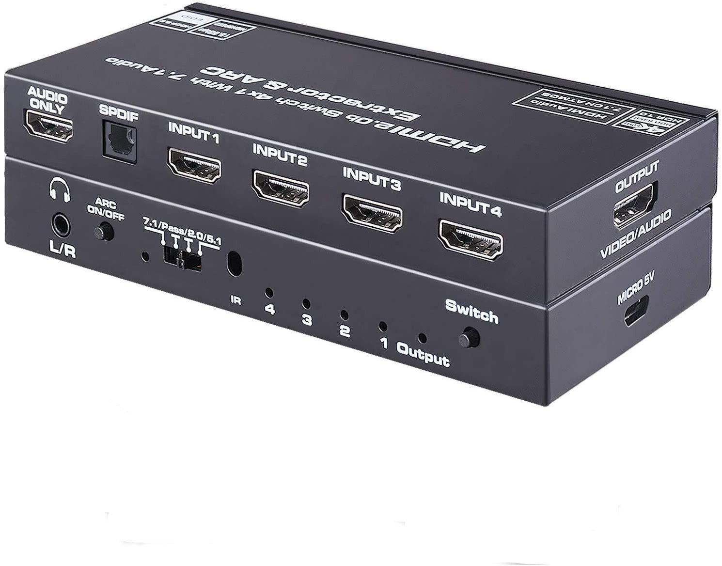 NÖRDIC HDMI Switch 4 to 1 7.1-äänenpoistimella ARC SPDIF stereo 3,5mm audio 4K60hz HDCP2.2 3D HDR10 18Gbps