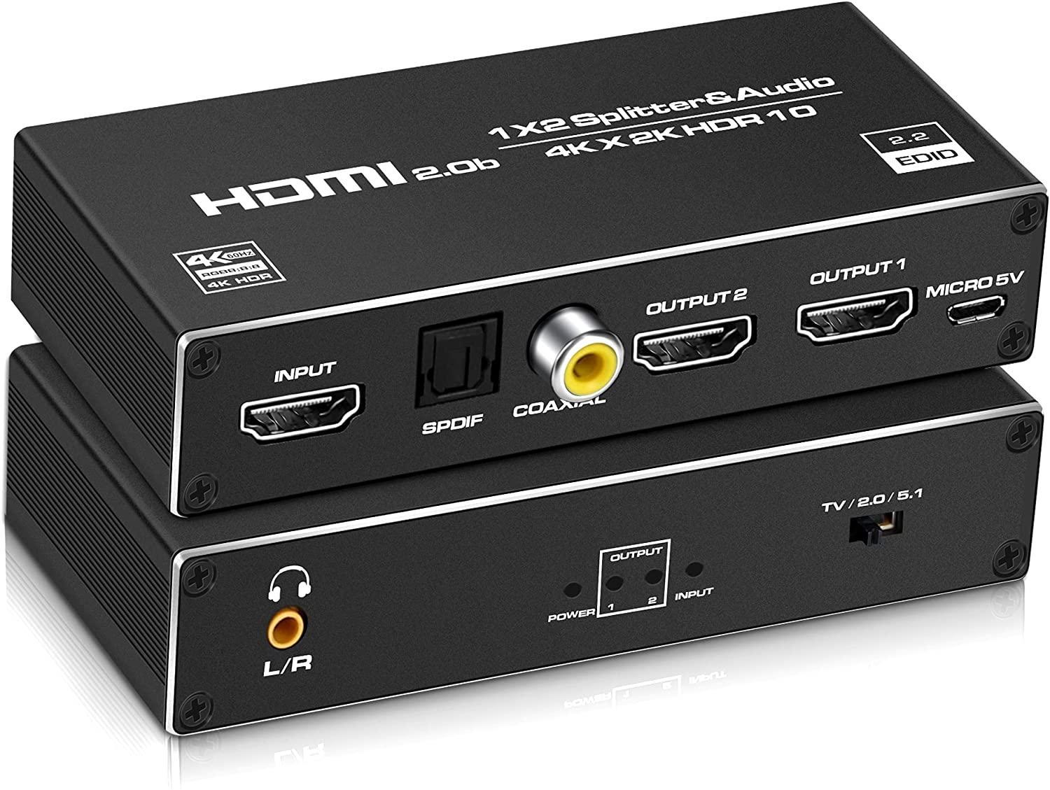 NÖRDIC HDMI-jakaja 1-2 ja äänenpoisto 4K60Hz HDCP2.3 HDR10 Toslink SPDIF + koaksiaali + 35 mm audio