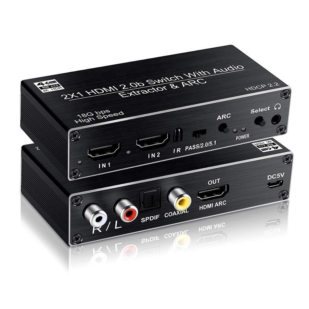 NÖRDIC HDMI kytkin 2–1 äänenerottimella ja ARC 4K 60 Hz:lla SPDIF koaksiaalinen RCA L/R ja stereo