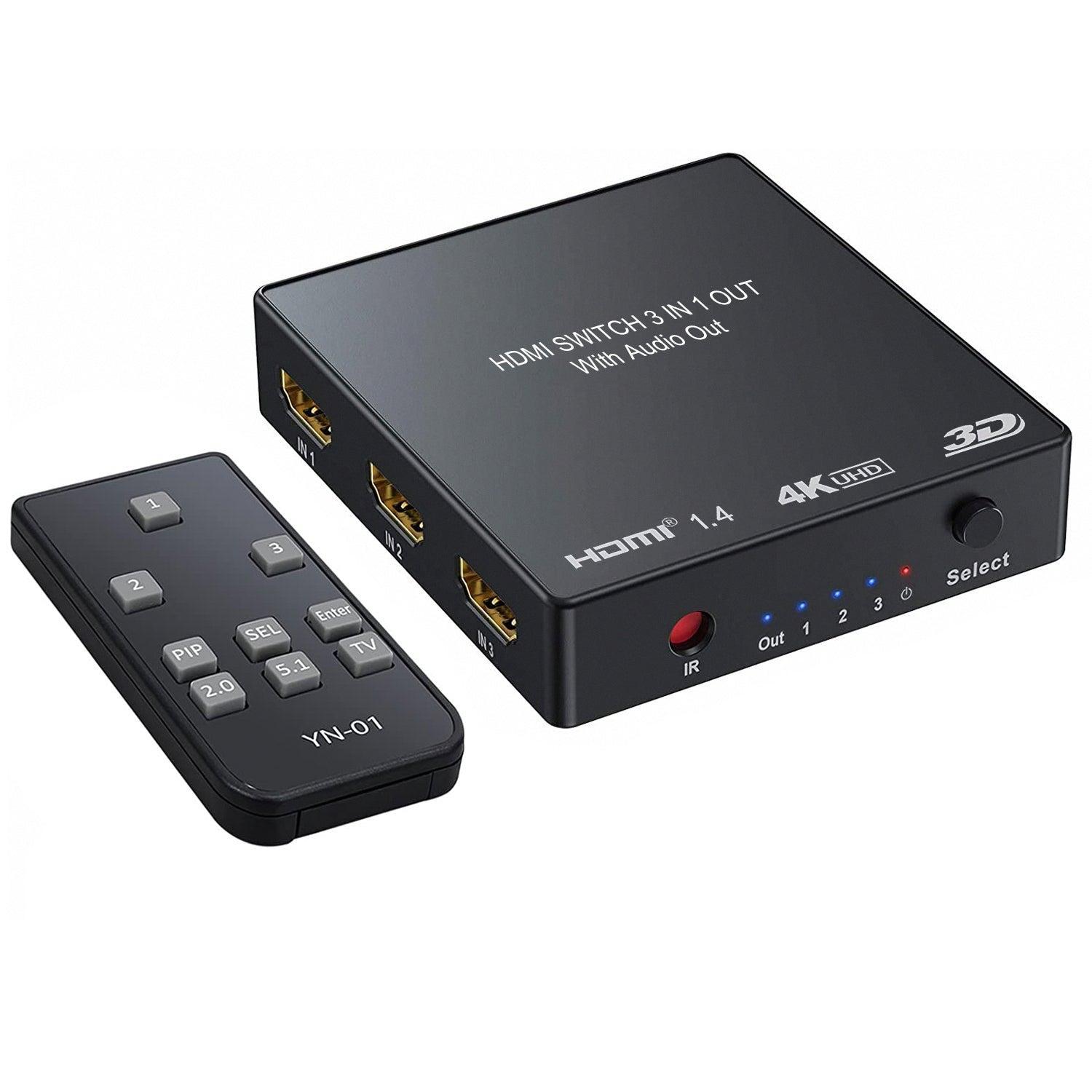 NÖRDIC HDMI-kytkin jossa on 3x HDMI-tulo ja 1x HDMI 4K 30 Hz digitaalinen 1x Toslink-lähtö ja 2x analoginen stereo L/R RCA -lähtö IR-kaukosäädin