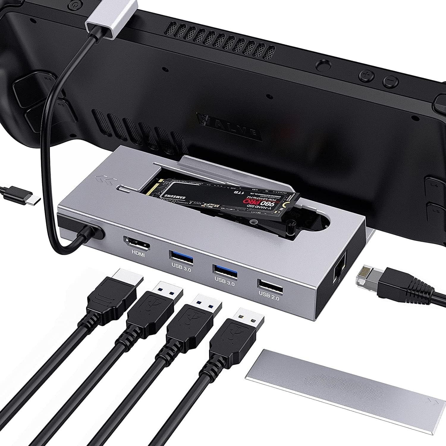 NÖRDIC Steam Deck -telakointiasema 1-7 - 1xHDMI 2.0 (4K60Hz), 1xM.2 SSD, 1xUSB-C PD 100W, 2xUSB-A 3.1, 1xUSB-A 2.0, 1xGigabit Ethernet