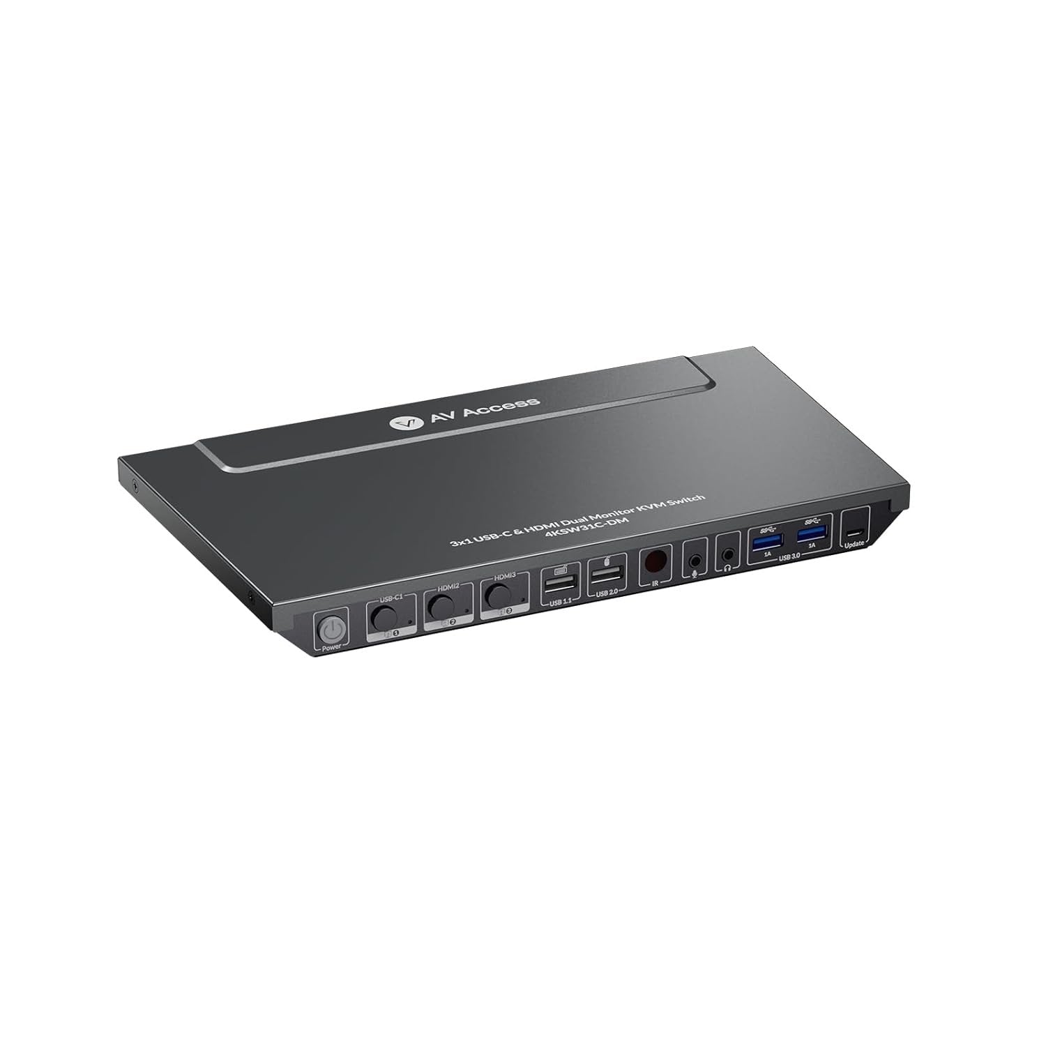 AV Access KVM Switch 3 - 1 USB-C + 2xHDMI kahdelle näytölle 65 W virtalähde ja Ethernet-portti kannettavalle tietokoneelle