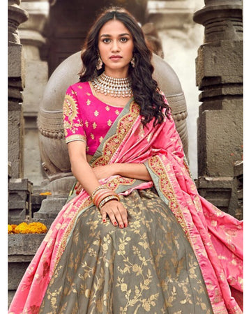 Embellished Banarasi Silk Grey & Pink Lehenga