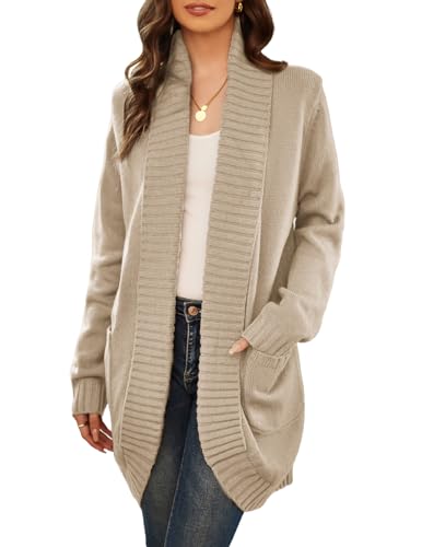 Women's Long Sleeve Open Front Chunky Knit Cardigan Lapel Sweater Draped Cardigan Sweater with Pockets(Light Gray,M)