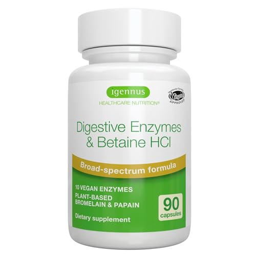 Advanced Digestive Enzymes & Betaine HCl, with Protease, Broad Spectrum, Lipase & Lactase, Plant-Based Vegan Papain & Bromelain, Clean Label, 90 Capsules, by Igennus