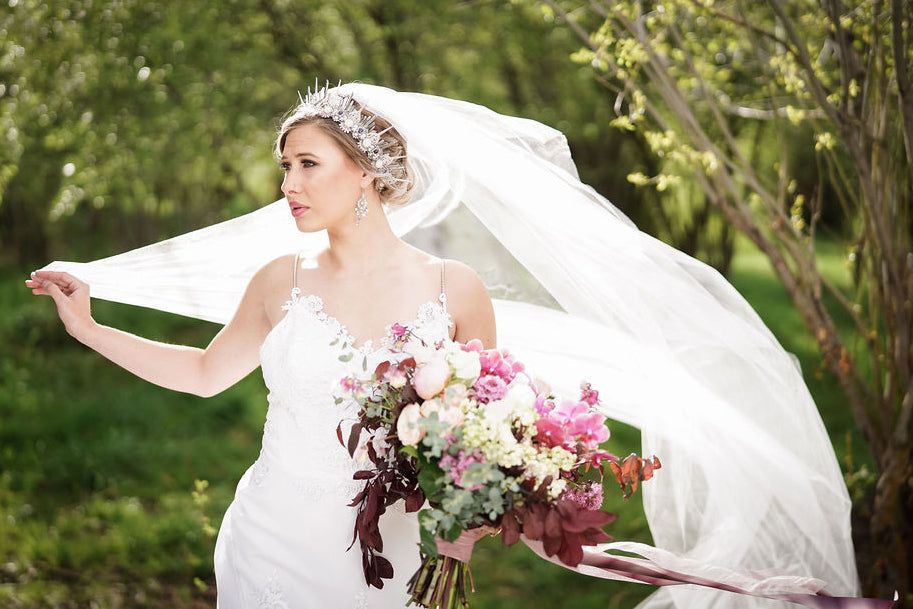 woman in wedding dress with long cathedral veil and bridal headpiece with crystals