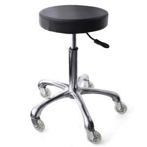 A round, black seat stool with wheels on the bottom and height-adjusting lever.