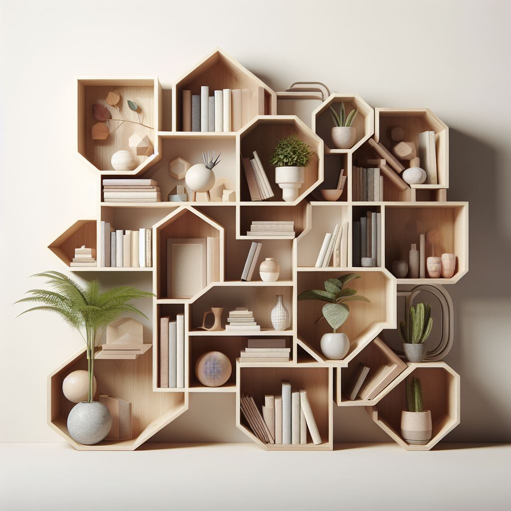 asymmetrical or modular bookshelf design