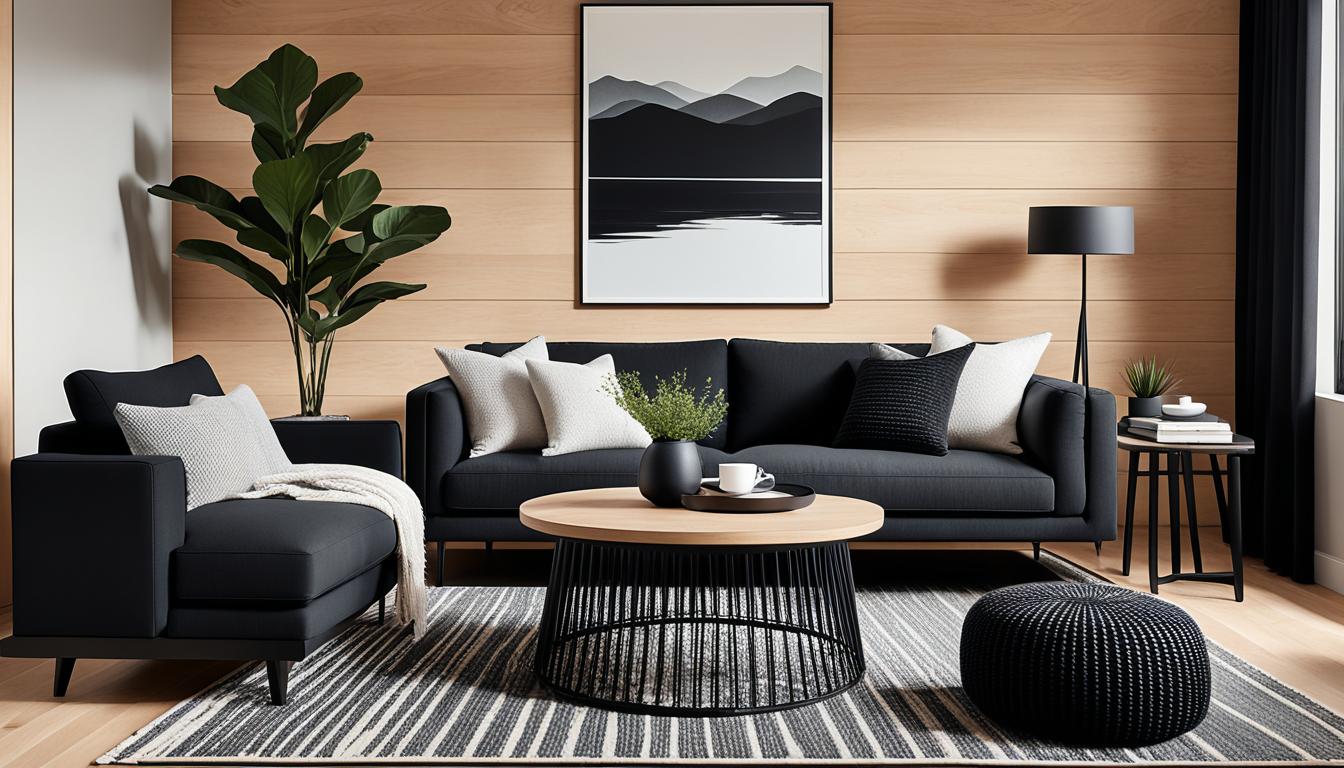 living room with black furniture