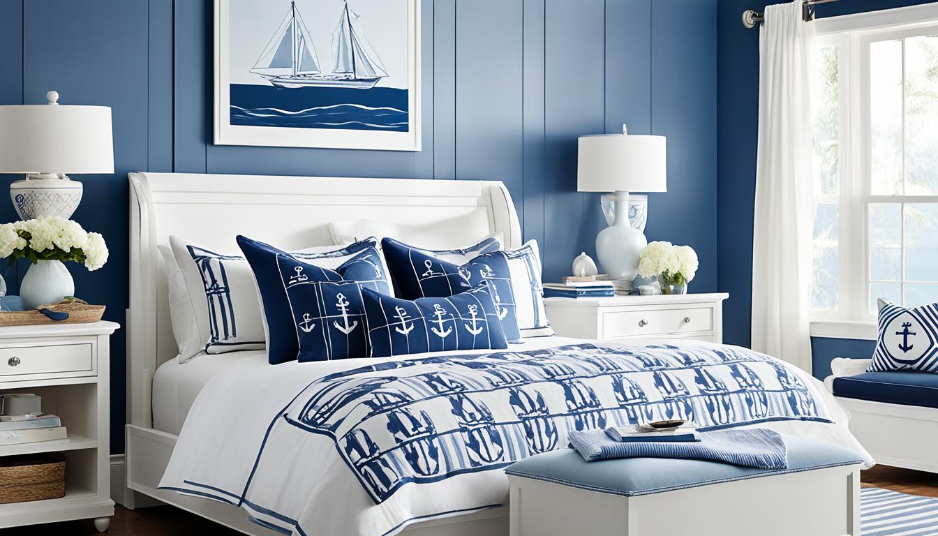 nautical-themed bedroom with white furniture