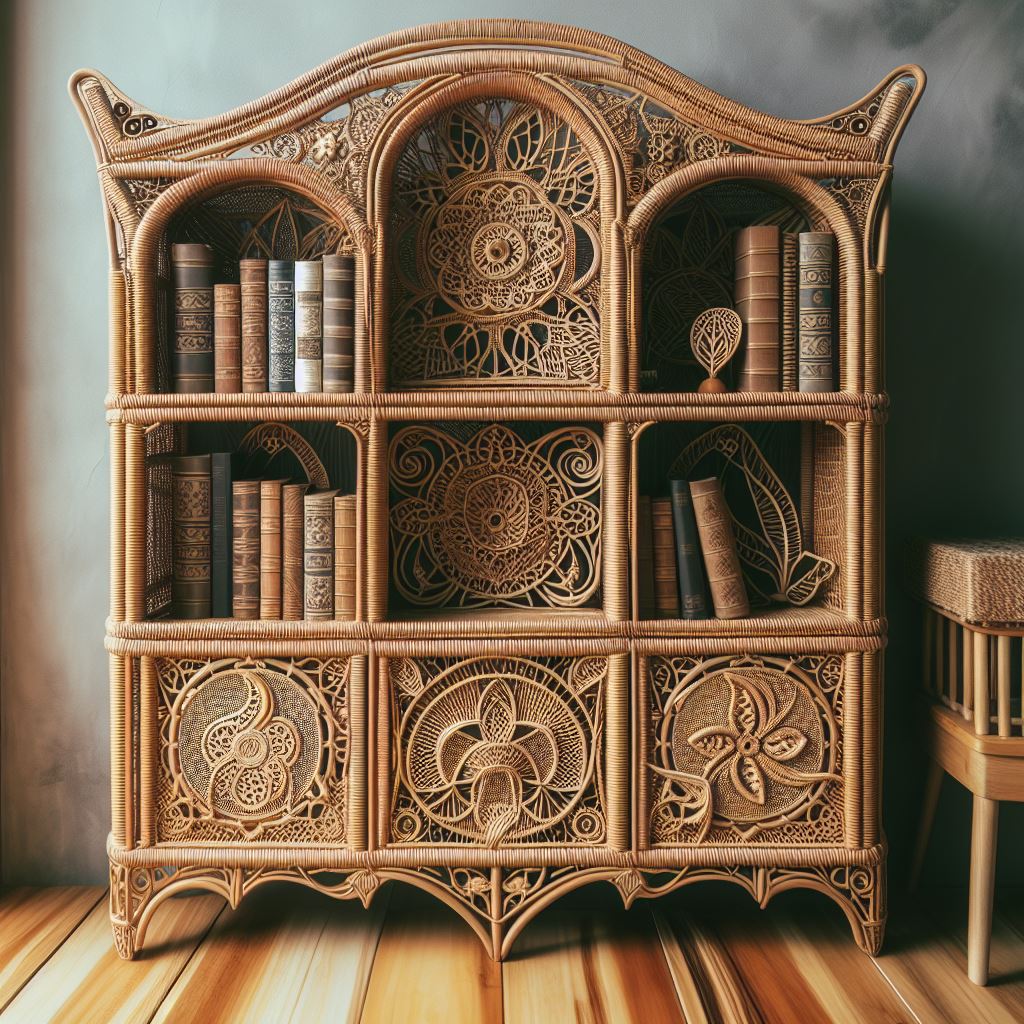 rattan book shelf with intricate patterns