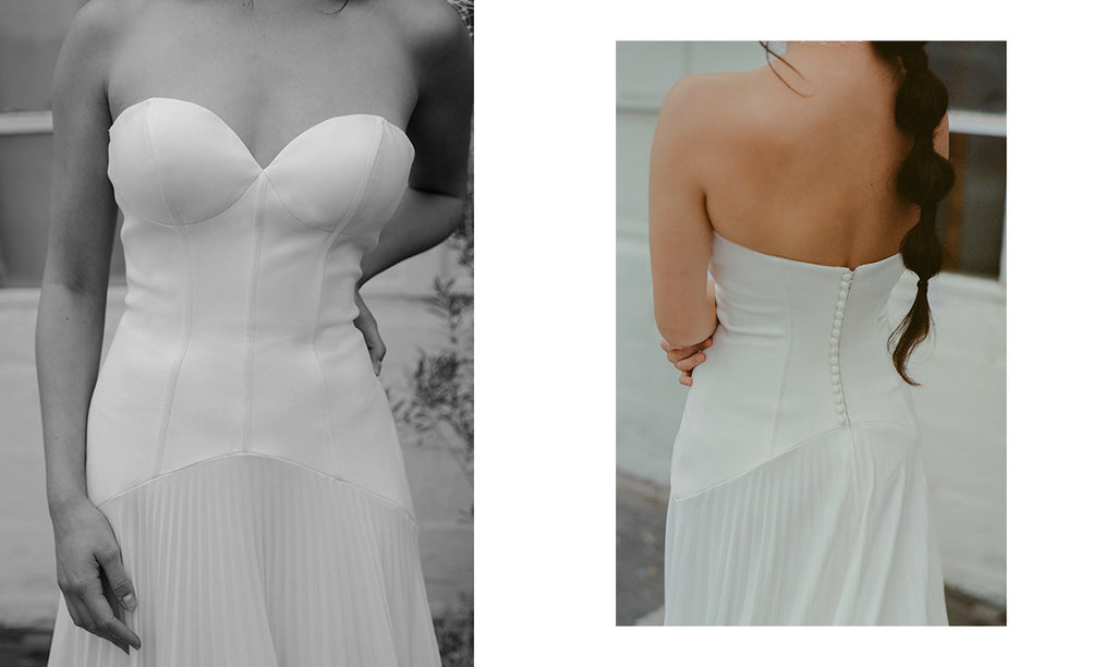 Front and Back Wedding dress details of crepe strapless corset bodice with buttons