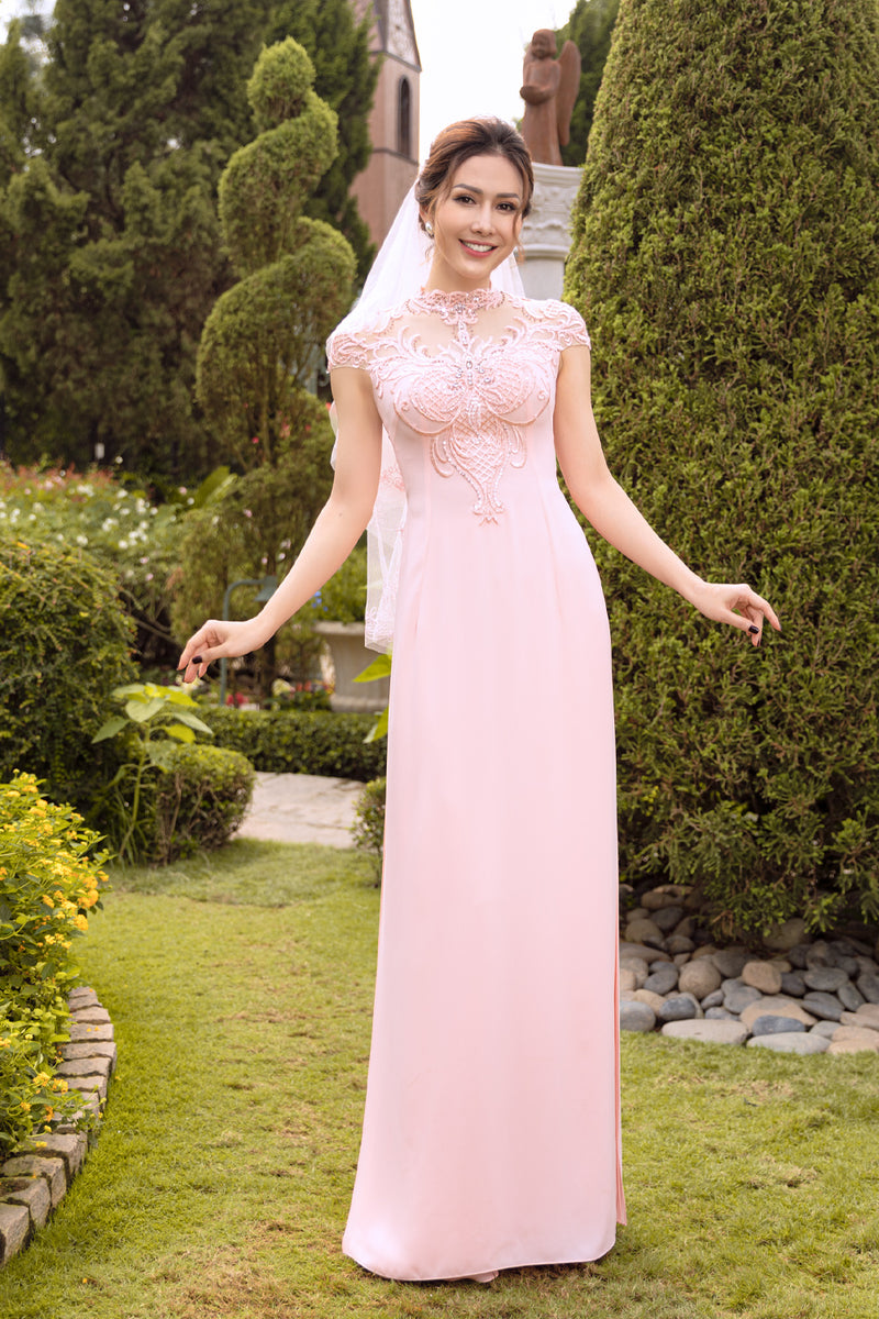 Lovely pink short sleeves bridal ao dai – LAHAVA