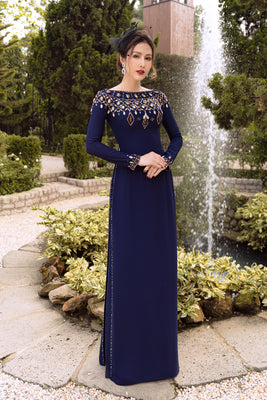 Navy blue hand embroidered ao dai for men