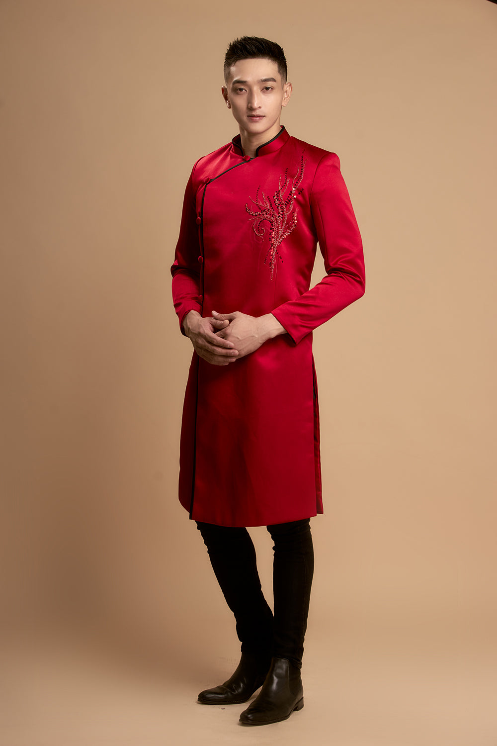 Navy blue hand embroidered ao dai for men