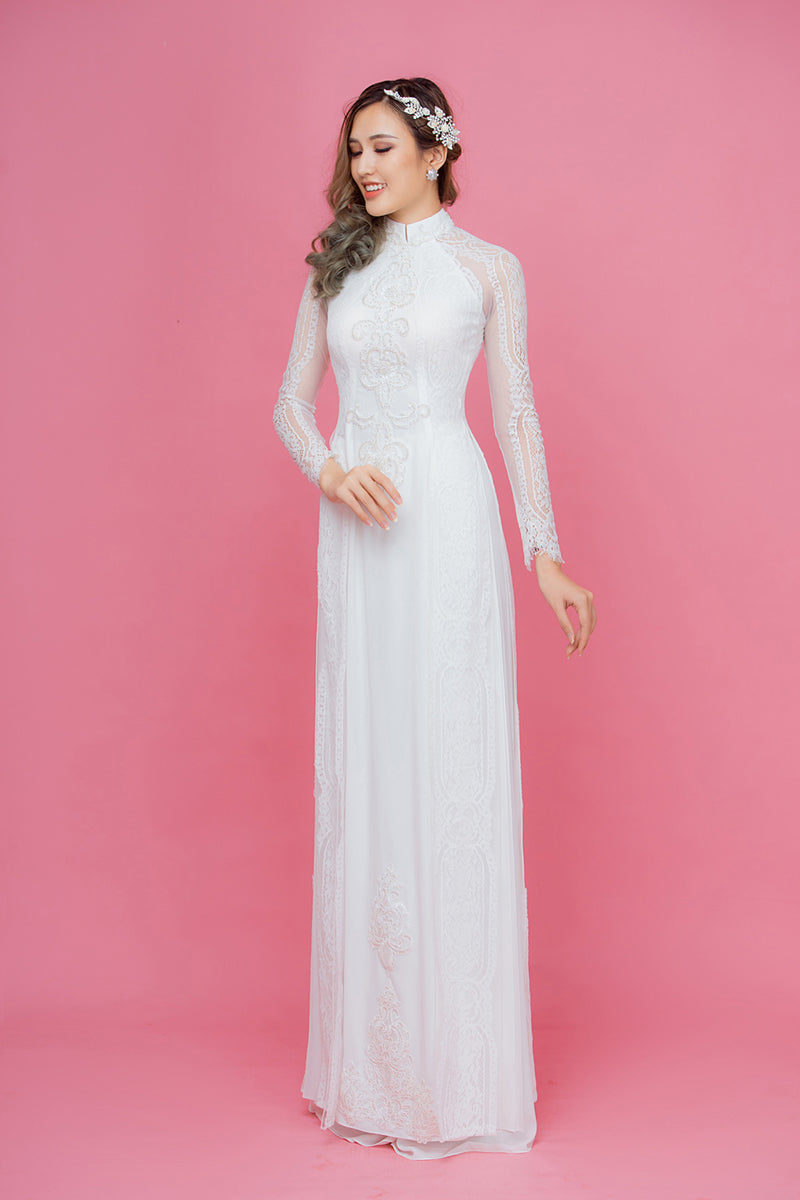 White modern ao dai with lace embellished – LAHAVA