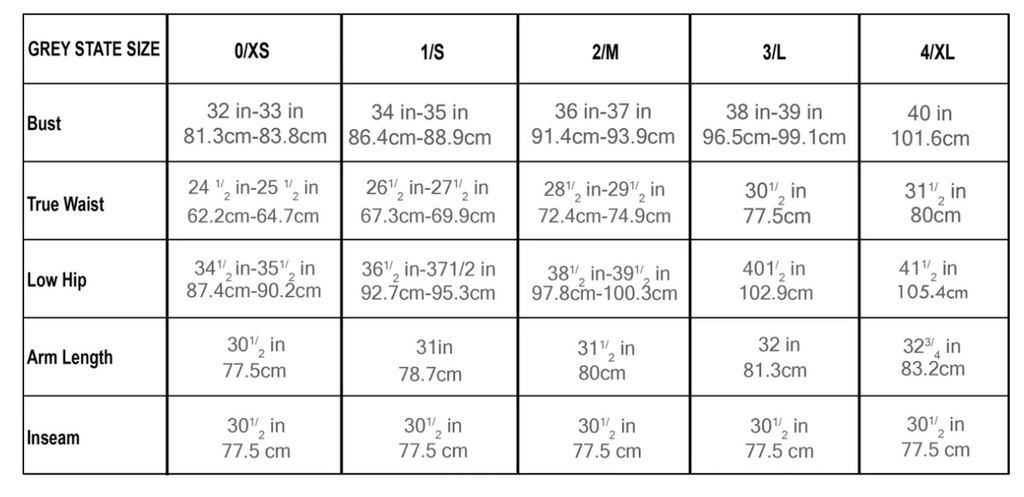 Grey State Size Chart