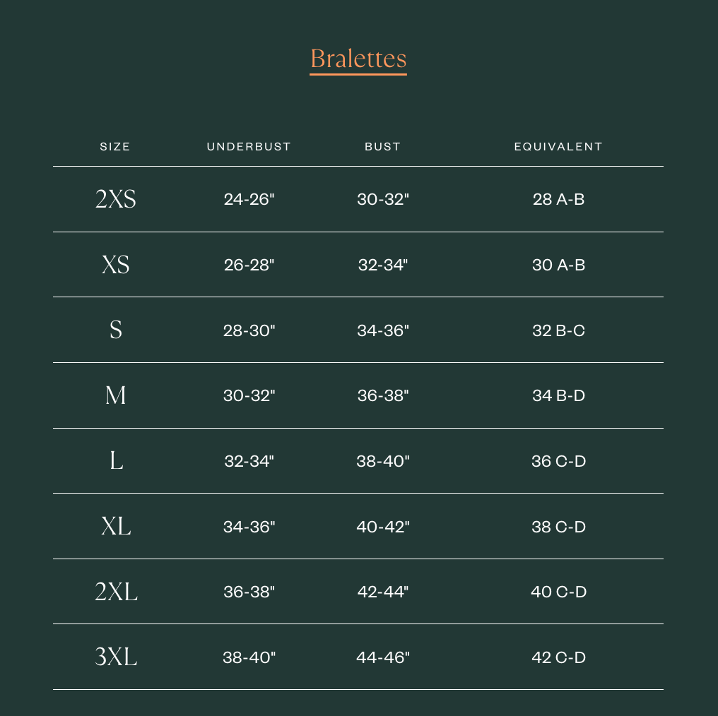 Subset Bralette Size Chart