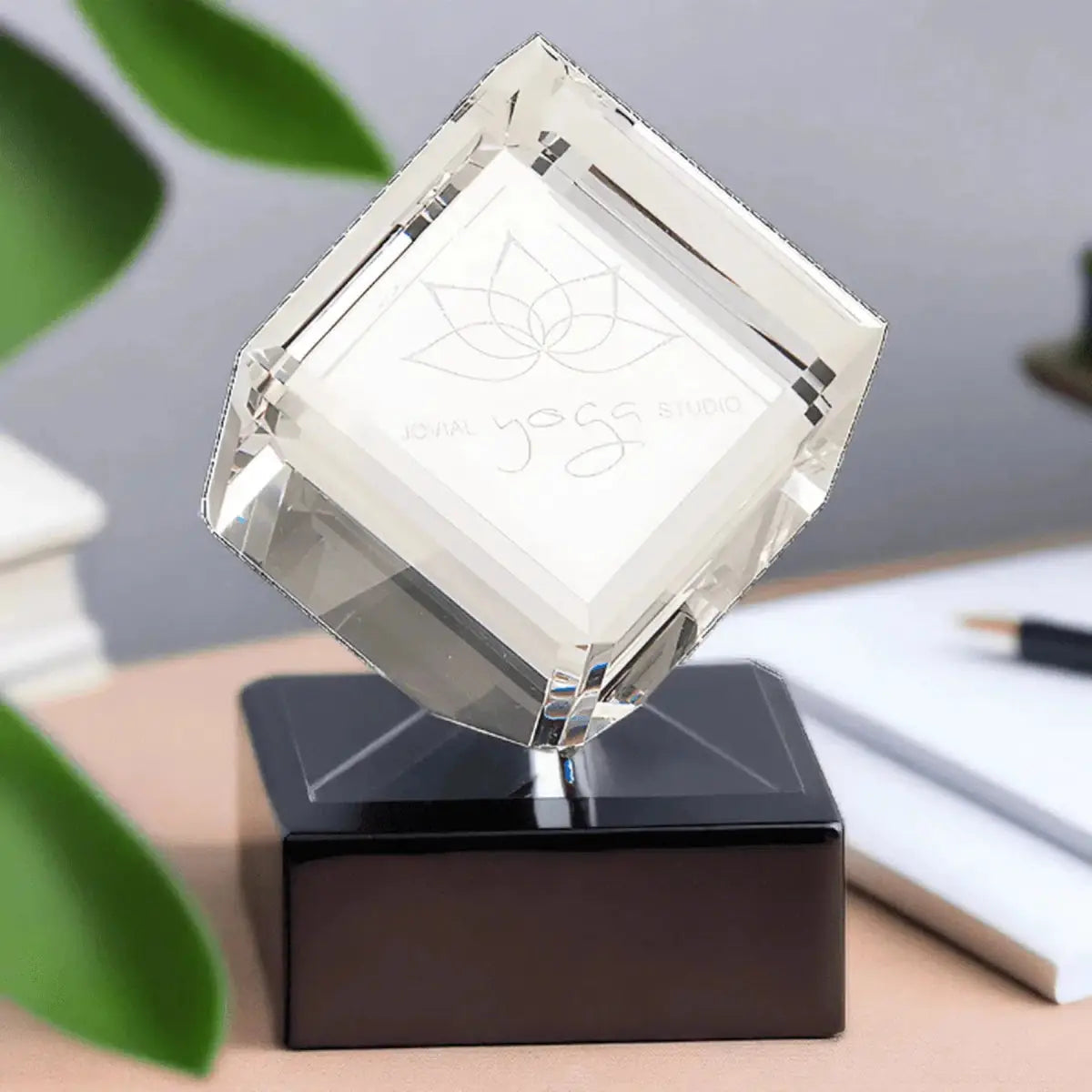 Crystal Cube on Black Pedestal Base