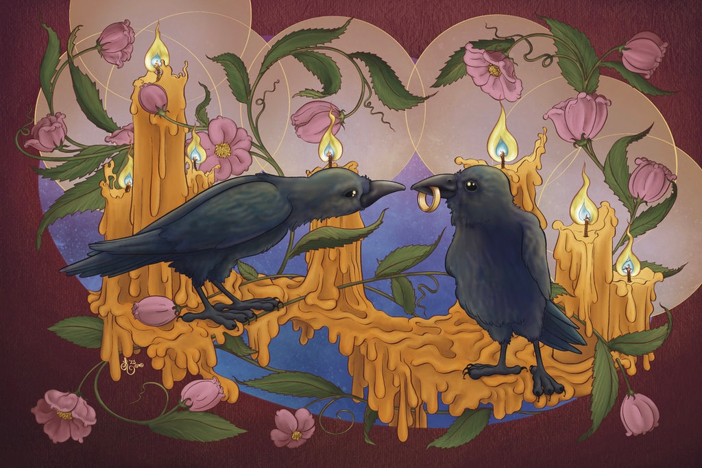 An illustration of a pair of crows perched on a beeswax bridge made from seven burning candles and twining with wild roses in bloom, which spill out of the oval frame. The crow on the right is leaning in to inspect the gleaming golden ring offered in the other crow’s beak. The frame is burgundy with the texture of heavy paper; the backdrop is a violet and blue starscape. In the foreground, heavy golden beeswax drips down from the candles, glowing with bright yellow flames with blue hearts. The wild roses are in muted earth tones of green and dusty rose pink with yellow centers; the crows are black with gleaming rainbow irridescence in their feathers highlighted by the candlelight.