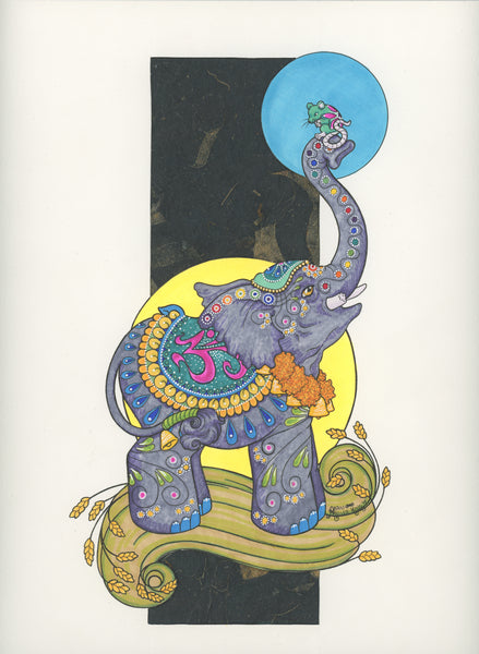 illustration featuring a purple elephant with decorative mandala-like saddle and body paint and a garland of marigolds around its neck, using its trunk to lift a mouse with a flower mandala on its back; the elephant stands on a sheaf of wheat against a yellow circle, while the mouse is framed by a blue circle. The background is trisected by a tall, narrow black rectangle running almost all the way from top to bottom of the image.