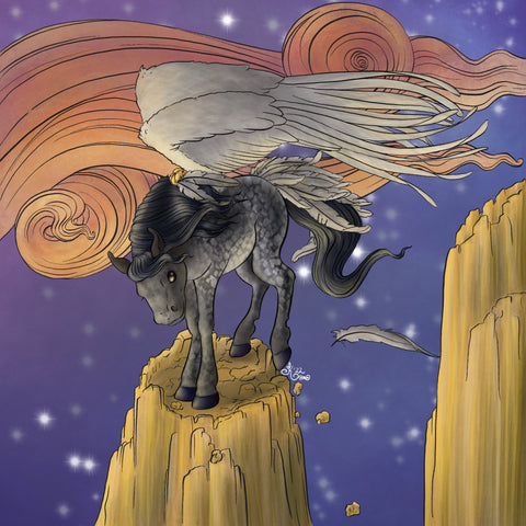 On the Cusp illustration featuring a dappled grey pegasus standing on a spire of golden rock against sunset-coloured clouds and a starry twilight sky