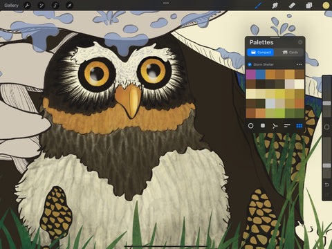 Detail of owl illustration during the colouring process; the owl is fully coloured but the mushrooms and water droplets surrounding them are still flat, and a digital palette is open over the image.
