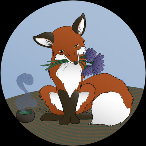 an illustrated fox sits holding a bouquet of purple flowers with its head tilted to one side and tail curled around its paws; beside it is a steaming cup of green tea. The image is in a circular black frame.