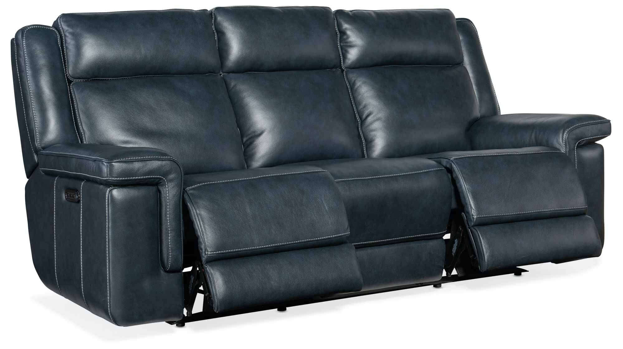 Blue Montel Leather Sofa with Lay - Flat Feature, Power Reclining, Articulating Headrest, and Lumbar Support