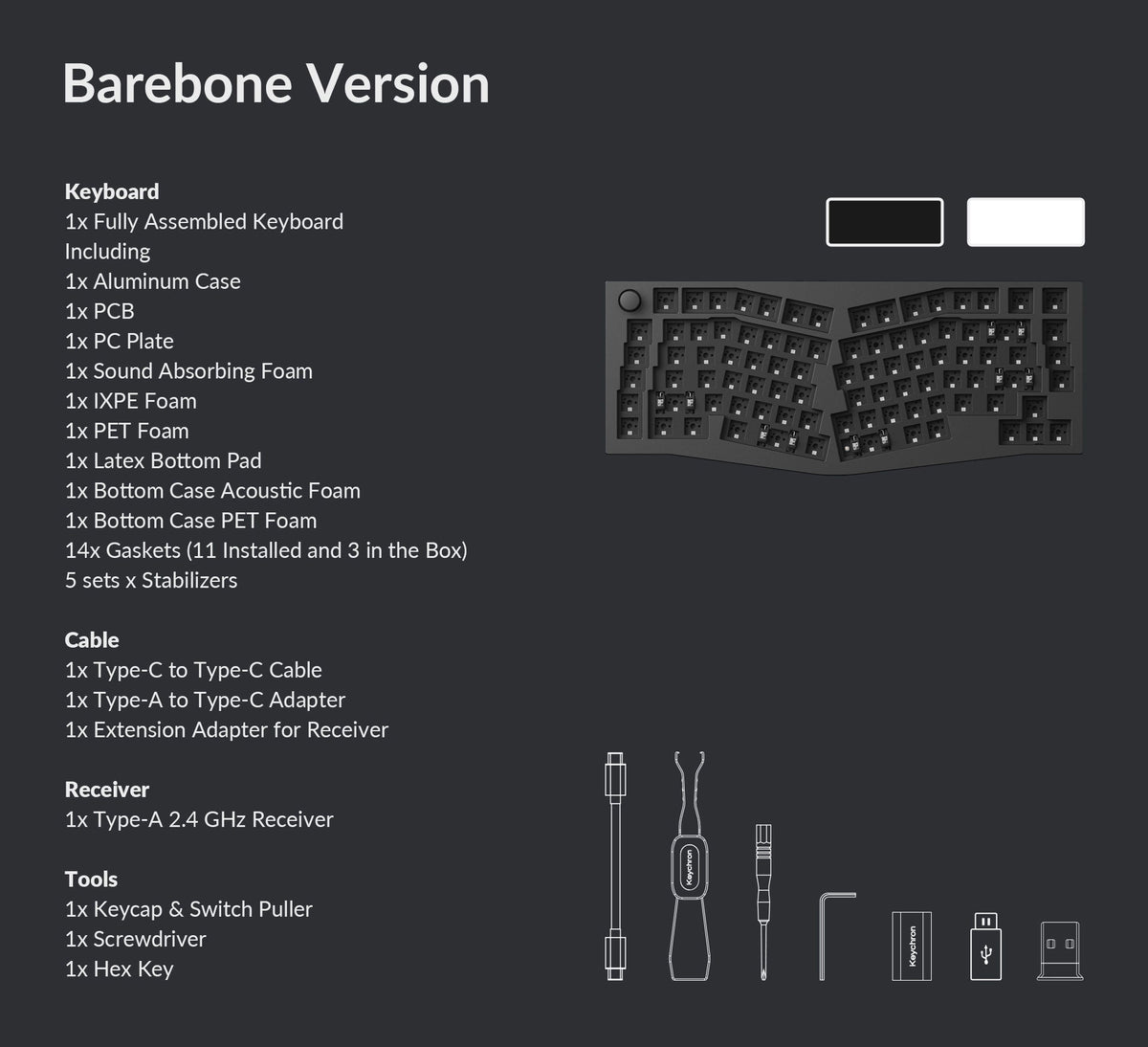 Packing list of Keychron Q10 Max (Alice Layout) QMK/VIA Wireless Custom Mechanical Keyboard Barebone