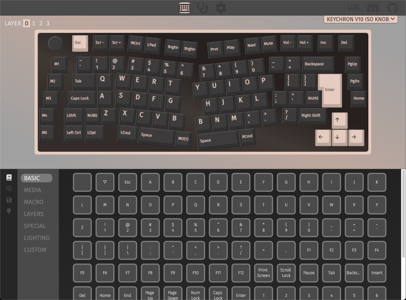 QMK VIA screen capture of Keychron V4 Custom Mechanical Keyboard