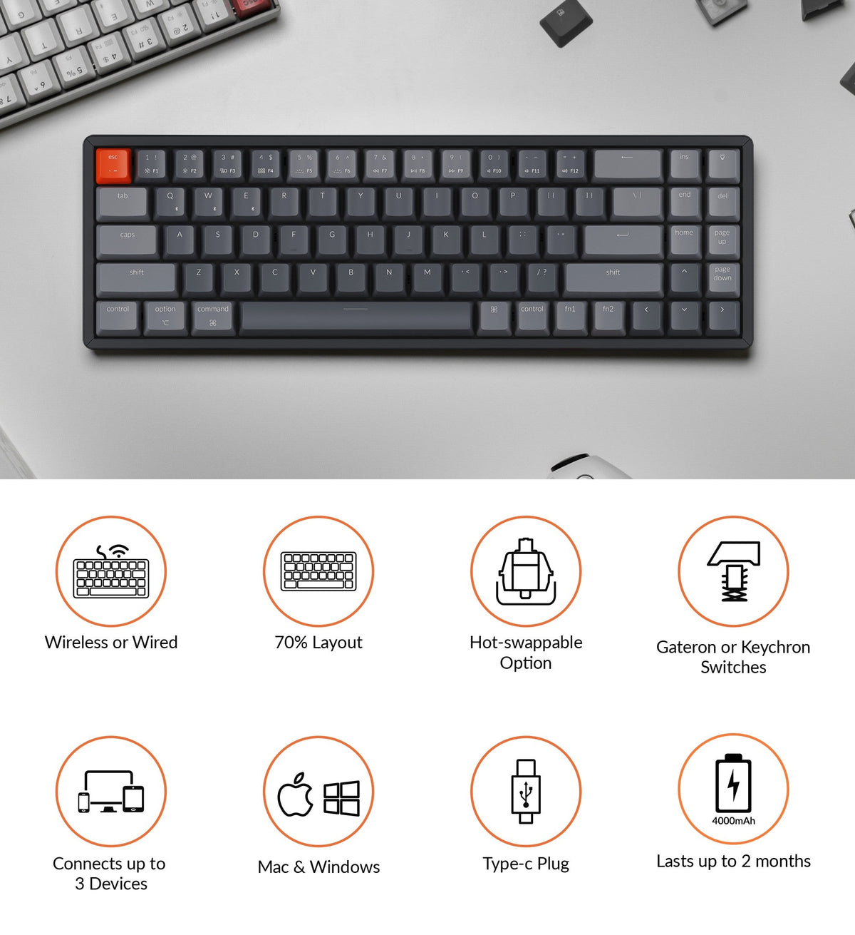 Keychron K10 full size wireless mechanical keyboard for Mac Windows - red blue brown Gateron mechanical switch and LK optical switch