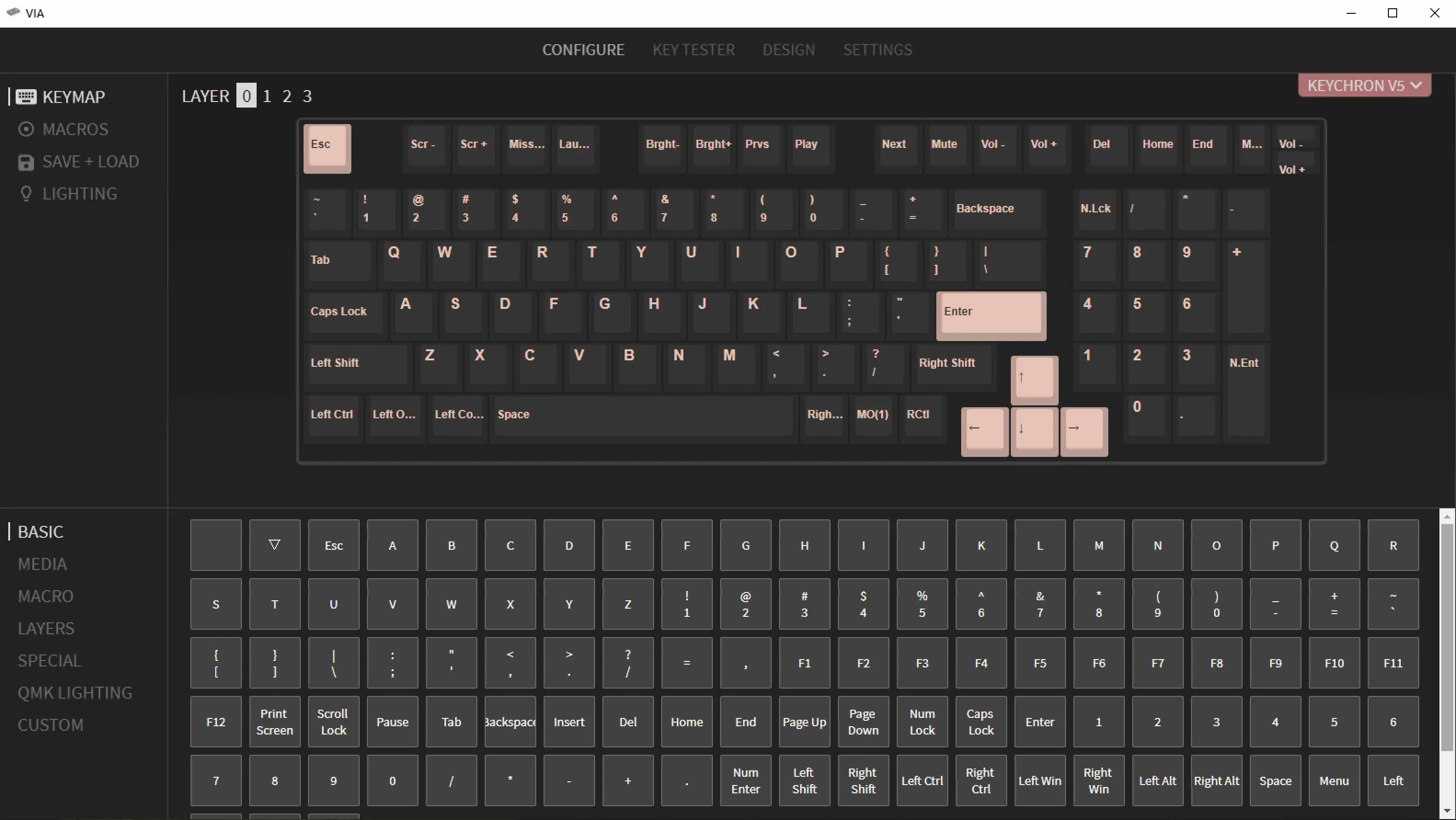 QMK VIA screen capture of Keychron V4 Custom Mechanical Keyboard