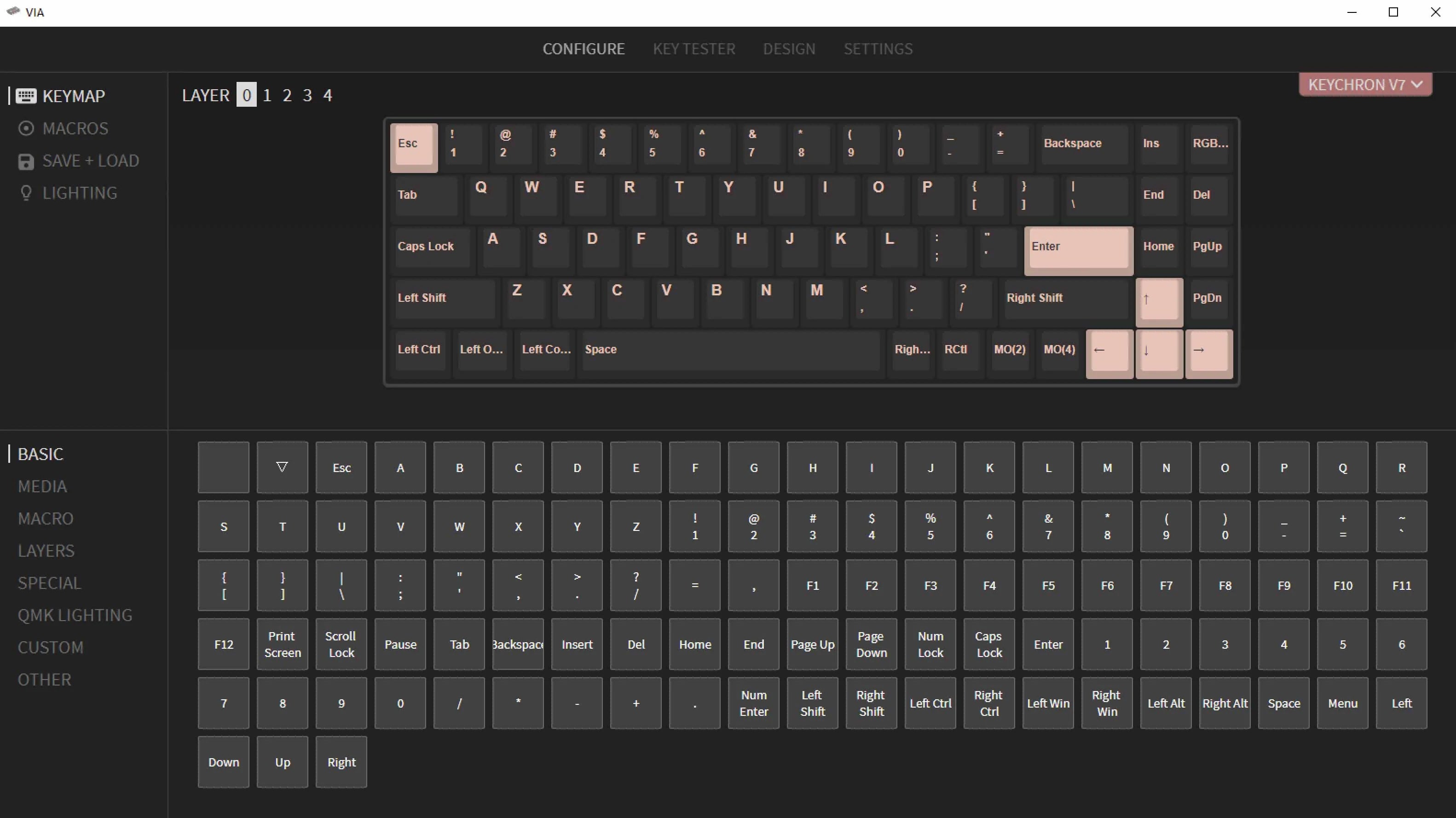 QMK VIA screen capture of Keychron V4 Custom Mechanical Keyboard