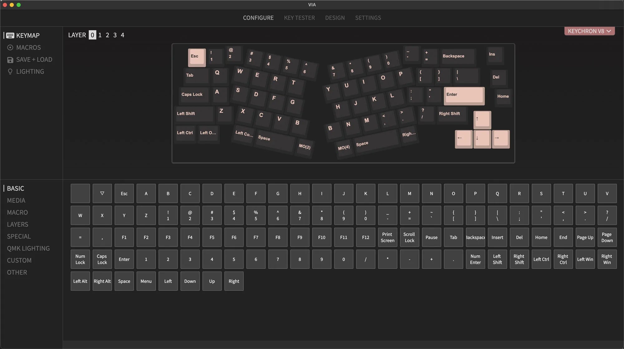 QMK VIA screen capture of Keychron V4 Custom Mechanical Keyboard