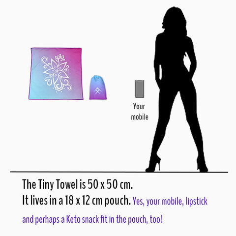 Tuvigo Tiny Towel in a pouch compared to human silhouette
