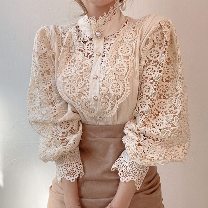 Korean Chic Lace Blouse Women White Patchwork Shirt Button Hollow Out Tops Flower Stand Collar Blusas Petal Sleeve Blouses 12419
