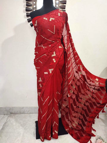 red muslin saree